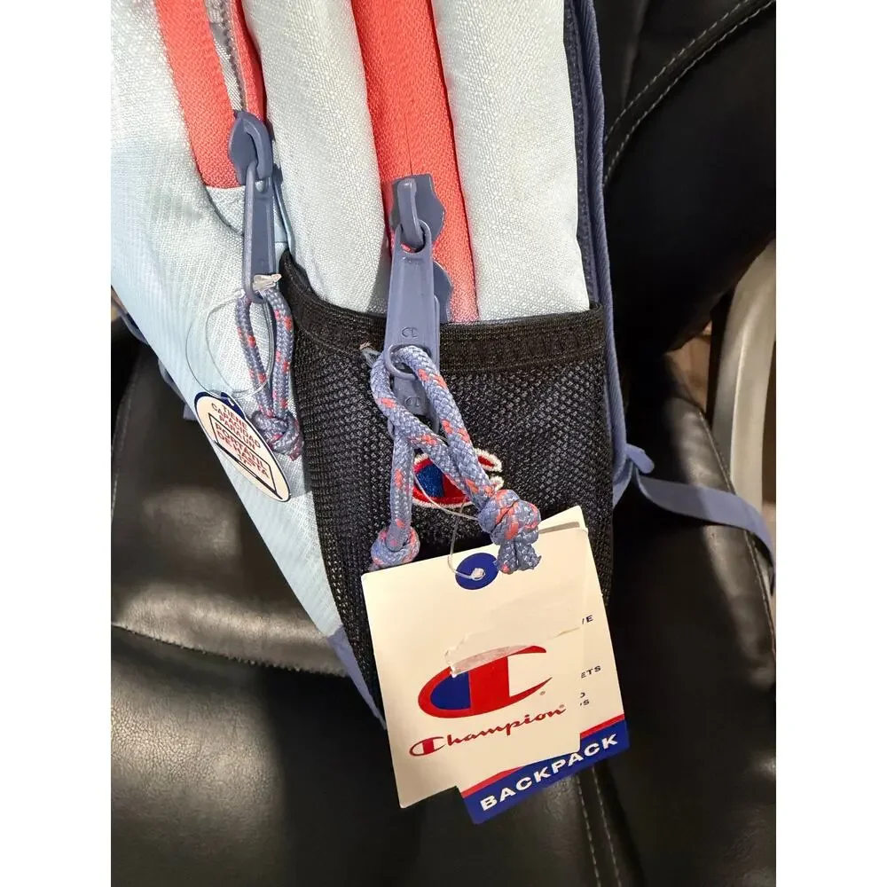 Champion Light Blue Backpack 17in Laptop Sleeve Reflective Padded Bottle Pockets